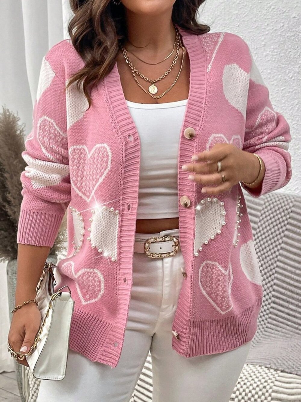 Pink Casual Women's Heart Pattern Rhinestone Cardigan - Picture 4 of 8
